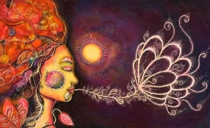 Drawing of a woman breathing out flowers representing energy flow