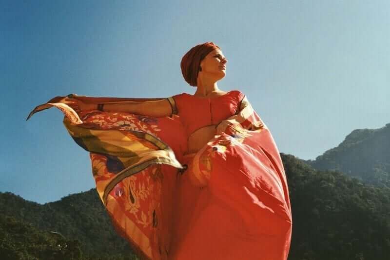 A woman in red dress