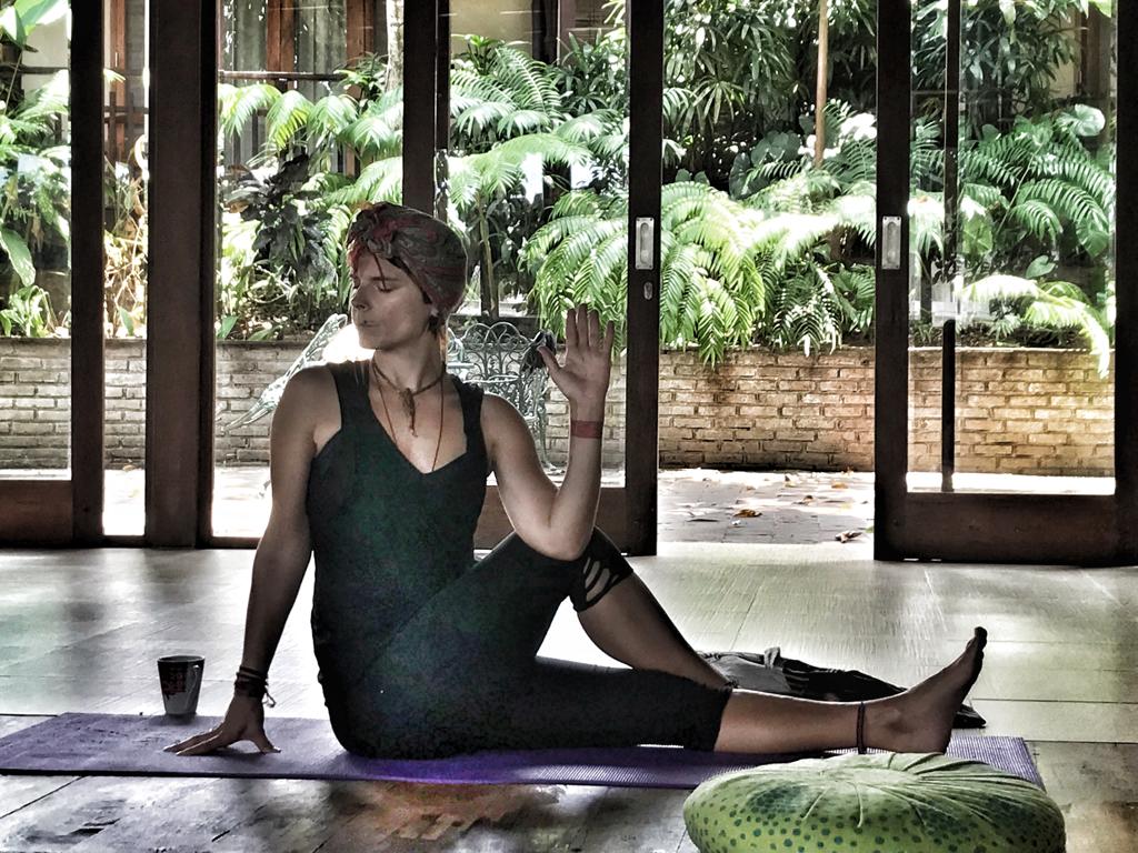 A woman practicing yoga