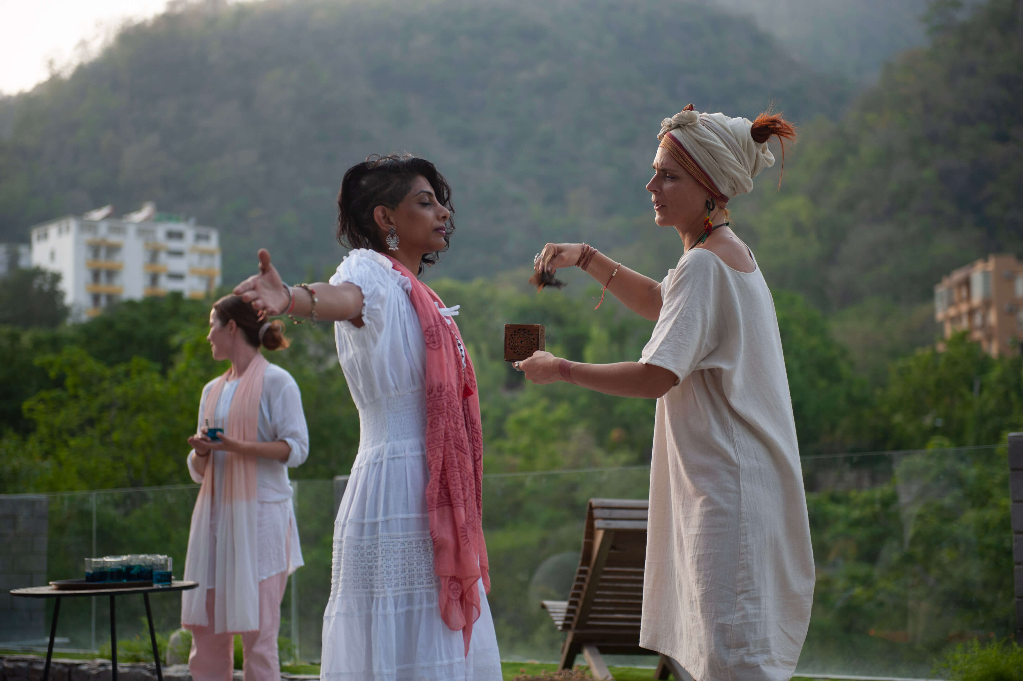 Two women during a shamanic breathwork ceremony